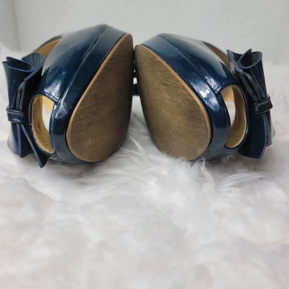 Paul Green Women's Pump Size 8.5 Royal Blue Patent Leather Bow Open Toe Back - Picture 8 of 8
